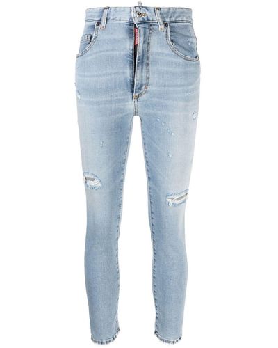 DSquared² Logo-tag Distressed Skinny Jeans - Blue