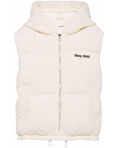 Miu Miu Logo-embroidered Cable-knit Padded Vest - Natural