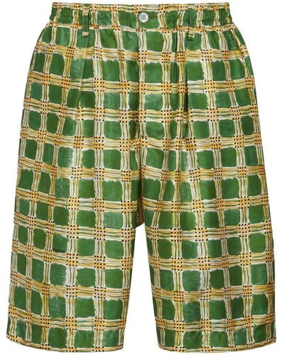Marni Check Fields Silk Shorts - Green