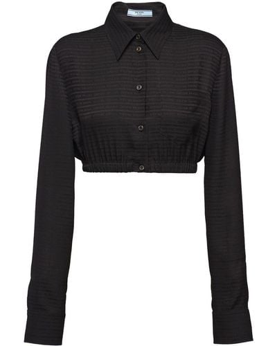 Prada Chemise boutonnée crop à logo en jacquard - Noir
