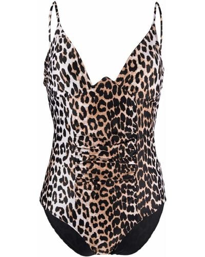 Ganni Leopard-print Ruched Swimsuit - Black