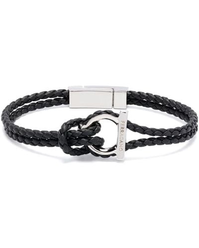Ferragamo Gancini Braided Leather Bracelet - Men's - Brass/calf Leather - White