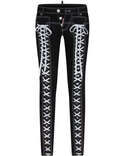 DSquared² Logo-embroidered Lace-detailing Tapered Jeans - Black