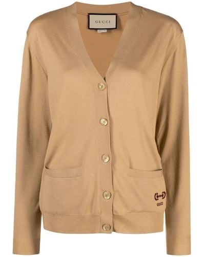 Gucci Embroidered-logo Wool Cardigan - Natural