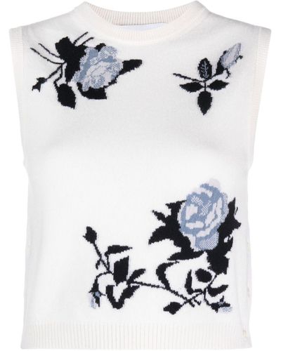 Thom Browne Floral-intarsia Sleeveless Knitted Top - White