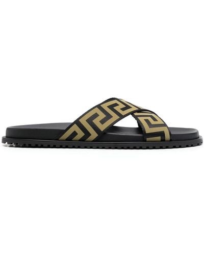Versace Open-toe Slippers With Printed Logo - Black