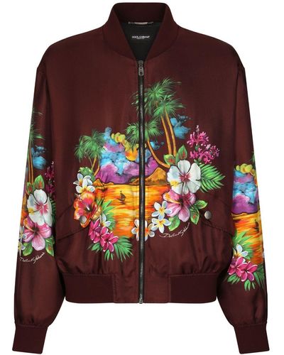 Dolce & Gabbana Island-print Silk Bomber Jacket - Brown
