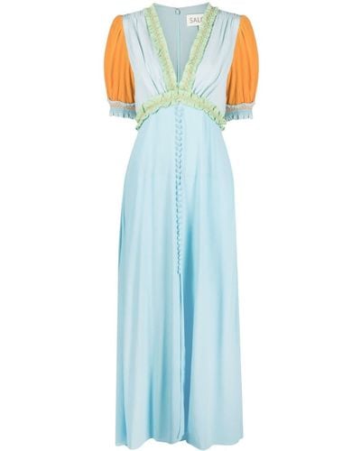 Saloni Vestido Lea largo con diseño colour block - Azul