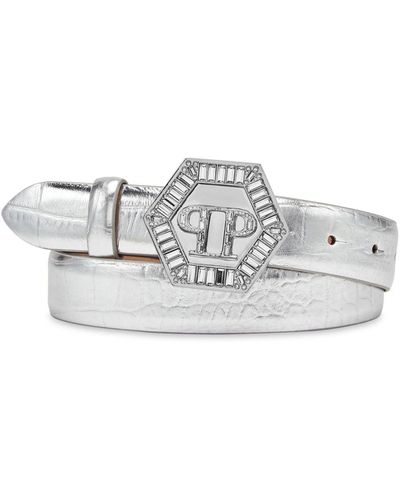 Philipp Plein Crocodile-embossed Logo-embellished Leather Belt - White