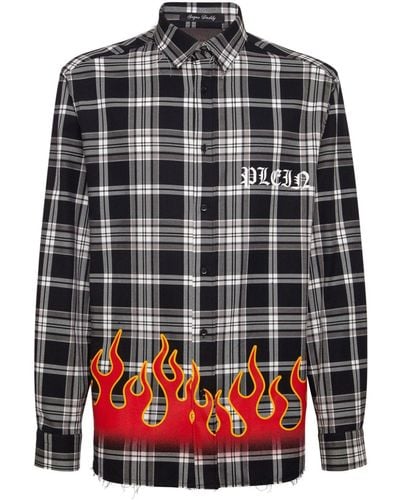 Philipp Plein Flame-print Plaid Cotton Shirt - Black