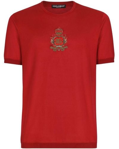 Dolce & Gabbana T-Shirt aus Seide mit Wappen-Patch - Rot