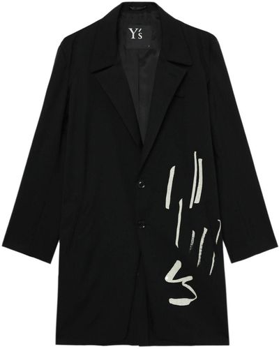 Y's Yohji Yamamoto Wollen Jas Met Print - Zwart