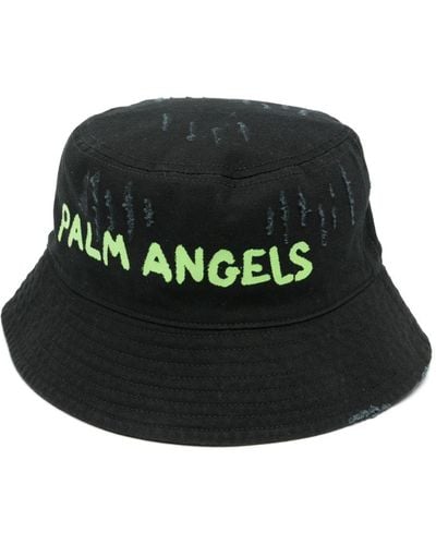Palm Angels Logo-print Distressed Bucket Hat - ブラック