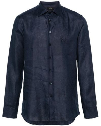 Etro Pegaso-embroidered Linen Shirt - Blue