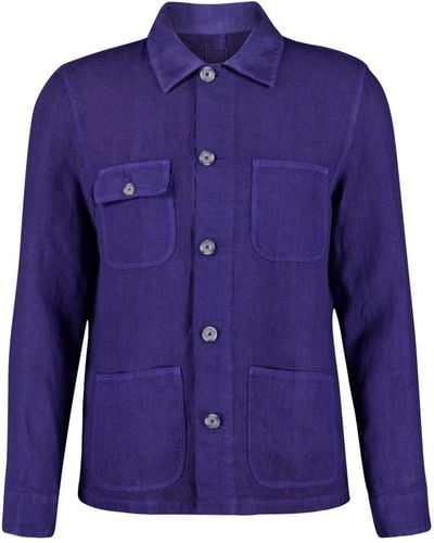120% Lino Spread-collar Linen Shirt Jacket - Blue