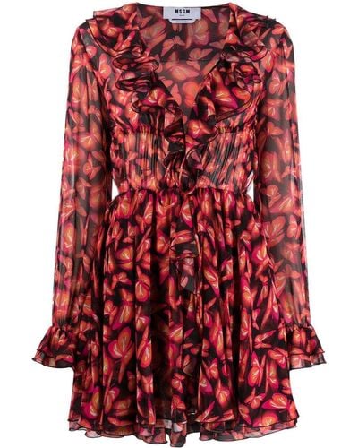 MSGM Ruffled Dress With Butterfly Pattern - Red