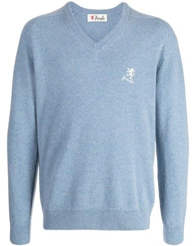 Pringle of Scotland Logo-embroidered V-neck Sweater - Blue