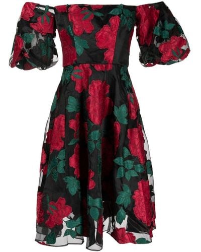 Marchesa Claude Midi-jurk Met Bloemenpatch - Rood