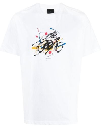 PS by Paul Smith T-shirt en coton biologique à imprimé Cyclist Sketch - Blanc