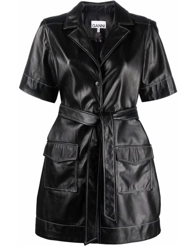 Ganni Leather Shirt Minidress - Black