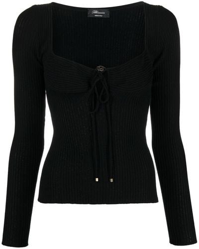 Blumarine Ribbed-knit Tie-neck Sweatshirt - Black