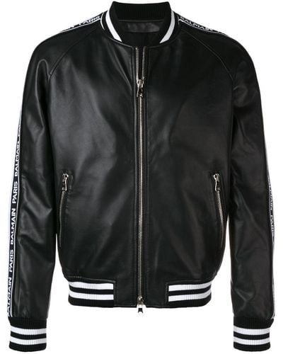 Balmain Leather Bomber Jacket With Logo - Black