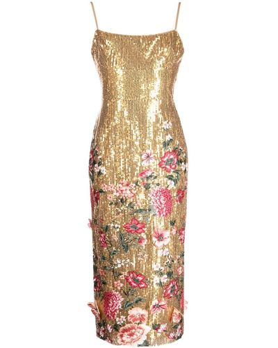 Marchesa Floral-embroidered Sequinned Dress - Metallic