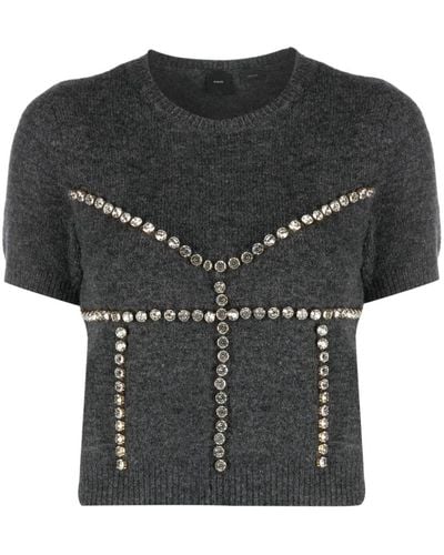 Pinko Crystal-embellished Short-sleeve Knitted Top - Black
