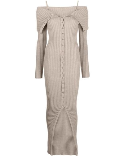 Blumarine Off-shoulder Ribbed-knit Wool Dress - Natural