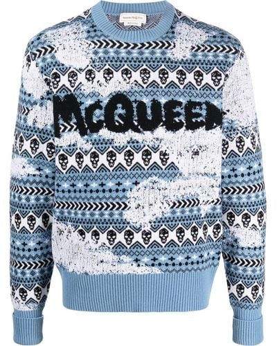 Alexander McQueen Graffiti-logo Fair Isle Knit Sweater - Blue