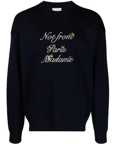 Drole de Monsieur Slogan-embroidered Merino-wool Sweater - Blue