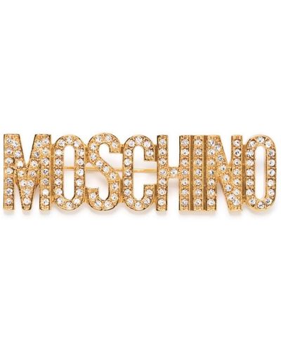 Moschino Crystal-embellished Logo Brooch - Natural