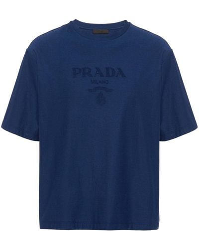 Prada T-Shirt aus Tech-Baumwolle mit Logo-Applikation - Blau