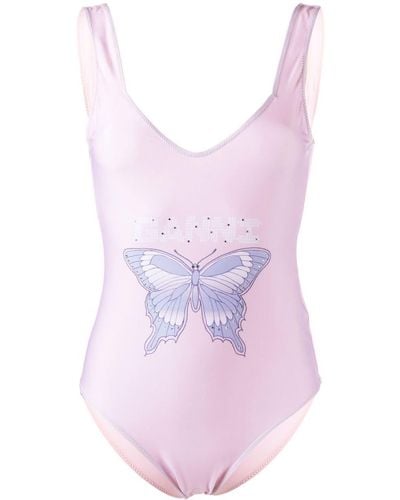 Ganni Butterfly Logo-print Swimsuit - Pink
