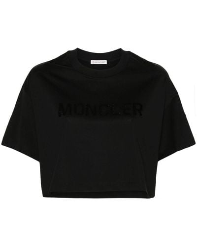 Moncler Sequin-Logo Cropped T-Shirt - Black