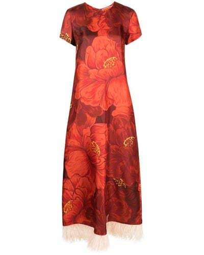 La DoubleJ Floral-patterned Feather-trim Dress - Red