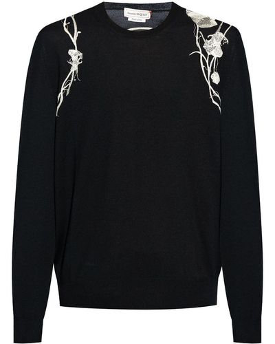 Alexander McQueen Floral Embroidered Wool Jumper - Black
