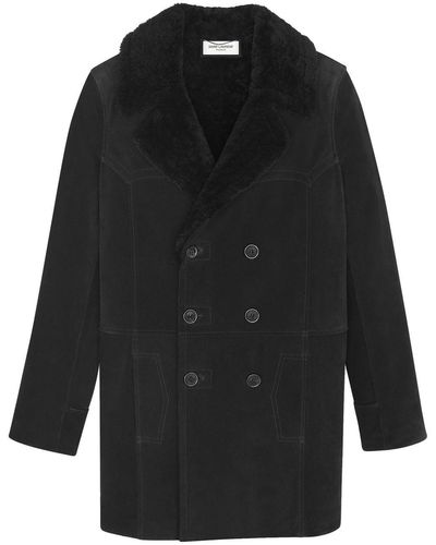 Saint Laurent Shearling-trim Double-breasted Coat - Black