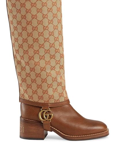 Gucci Leather Boot With GG Gaiter - Natural