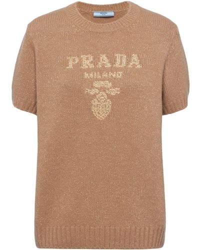 Prada Logo-intarsia Cashmere-blend Sweater - Natural