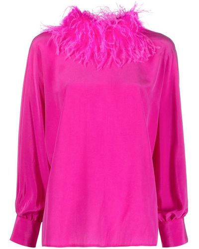 Styland Feather-trim Long-sleeved Blouse - Pink