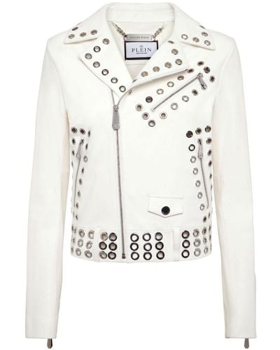 Philipp Plein Eyelet-embellished Leather Biker Jacket - White