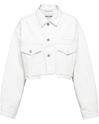 Miu Miu Embroidered-logo Cropped Denim Jacket - White