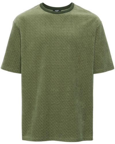 Balmain T-Shirt mit Monogrammmuster aus Samt - Grün