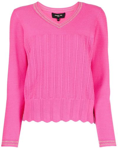 Paule Ka V-neck Cable-knit Jumper - Pink