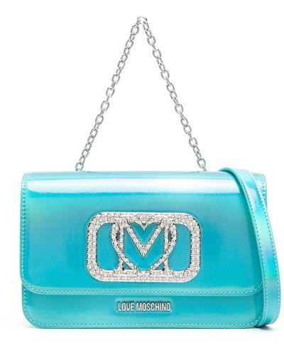 Love Moschino Pochette métallisé à logo orné de cristaux - Bleu