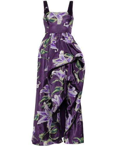 Marchesa Square-Neck High-Low Floral Jacquard Gown - Purple