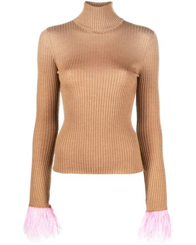La DoubleJ Feather-cuff Ribbed-knit Sweater - Brown