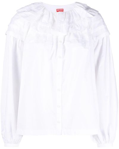 KENZO Ruffled-collar Long-sleeved Cotton Shirt - White