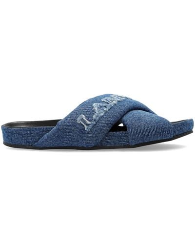 Lanvin Denim Slippers Met Geborduurd Logo En Gekruiste Bandjes - Blauw